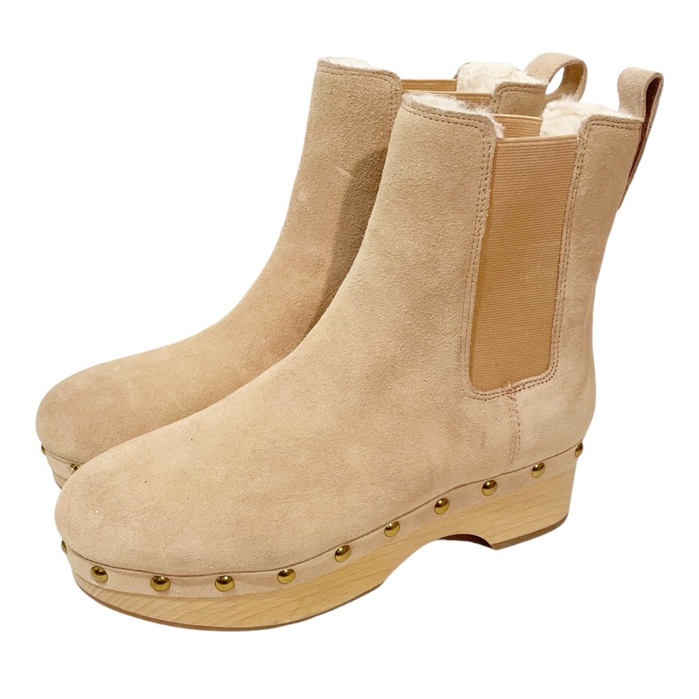 J Crew Size 6.5 Chelsea Bronzed Clay Calf Suede Faux Fur Studded Studs Clog Boot